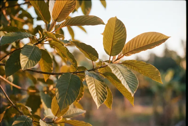 Rami di kratom con grandi foglie ovali controluce nel sole del tardo pomeriggio